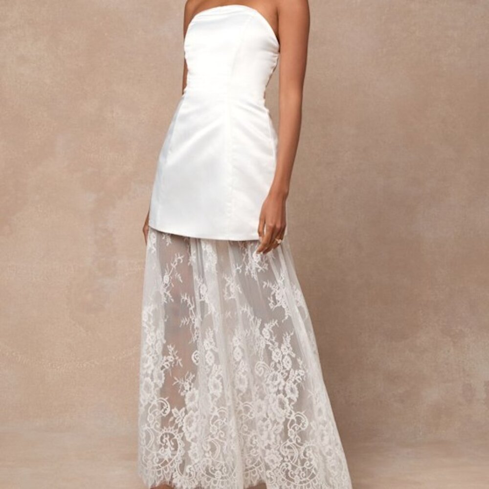 Lulus Winslet White Satin Sheer Hem Strapless Maxi Dress - Size S